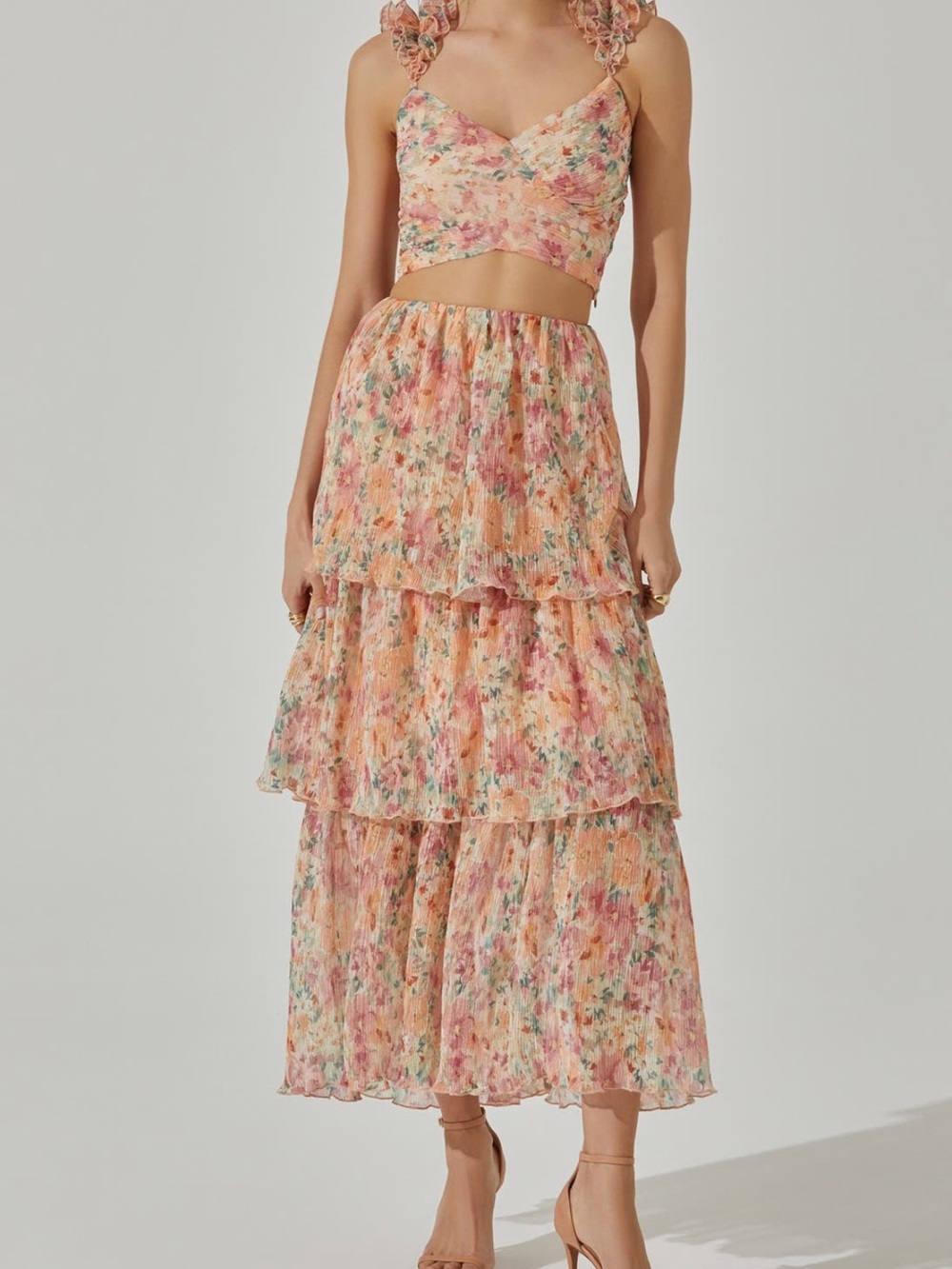 Astr Tiered Midi Skirt in Peach Floral - Picture 1 of 3